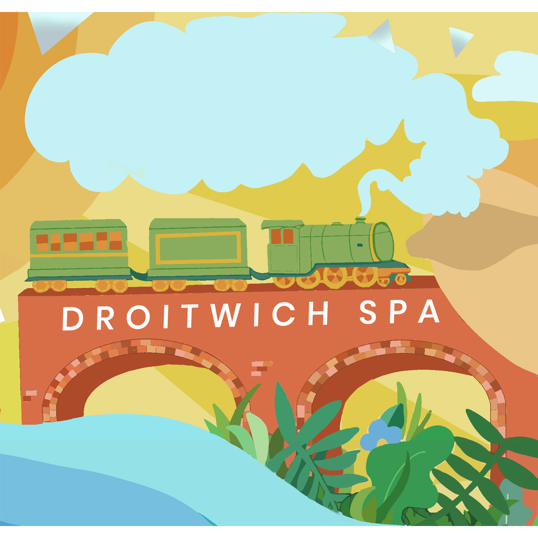 Illustrative artwork of steam train riding across a bridge